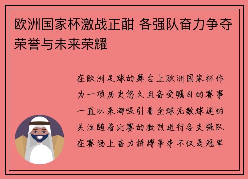 欧洲国家杯激战正酣 各强队奋力争夺荣誉与未来荣耀