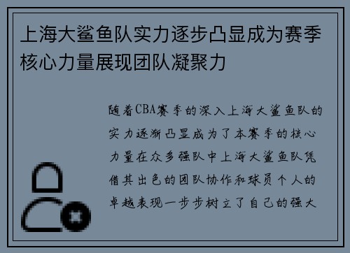 上海大鲨鱼队实力逐步凸显成为赛季核心力量展现团队凝聚力