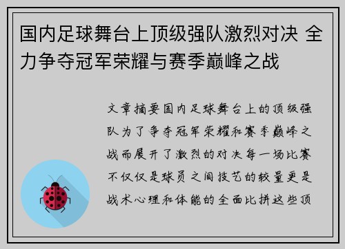 国内足球舞台上顶级强队激烈对决 全力争夺冠军荣耀与赛季巅峰之战