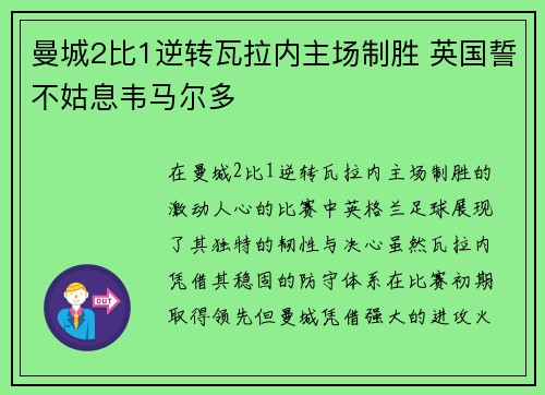 曼城2比1逆转瓦拉内主场制胜 英国誓不姑息韦马尔多