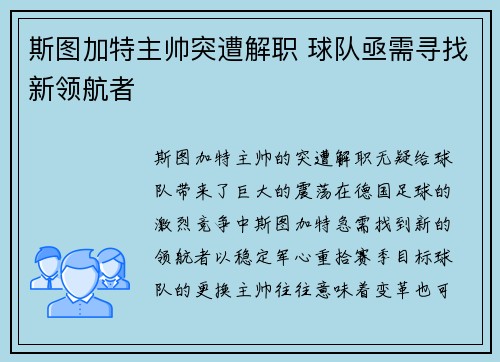 斯图加特主帅突遭解职 球队亟需寻找新领航者