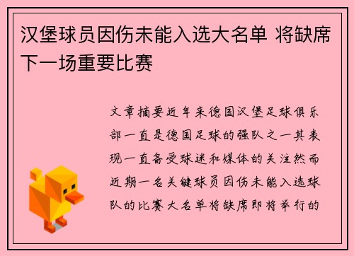 汉堡球员因伤未能入选大名单 将缺席下一场重要比赛