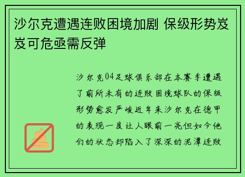 沙尔克遭遇连败困境加剧 保级形势岌岌可危亟需反弹