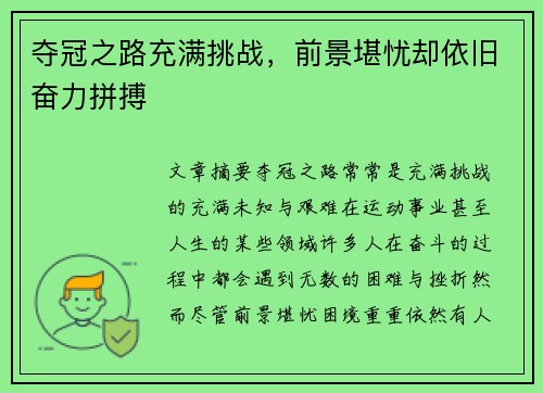 夺冠之路充满挑战，前景堪忧却依旧奋力拼搏