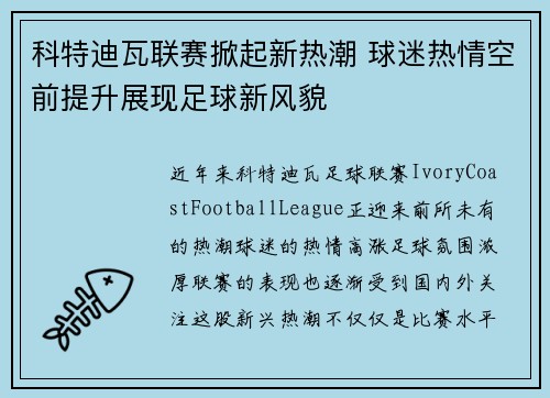 科特迪瓦联赛掀起新热潮 球迷热情空前提升展现足球新风貌