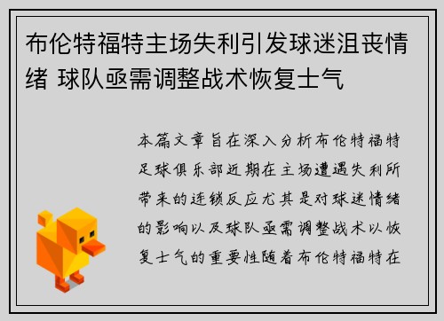 布伦特福特主场失利引发球迷沮丧情绪 球队亟需调整战术恢复士气
